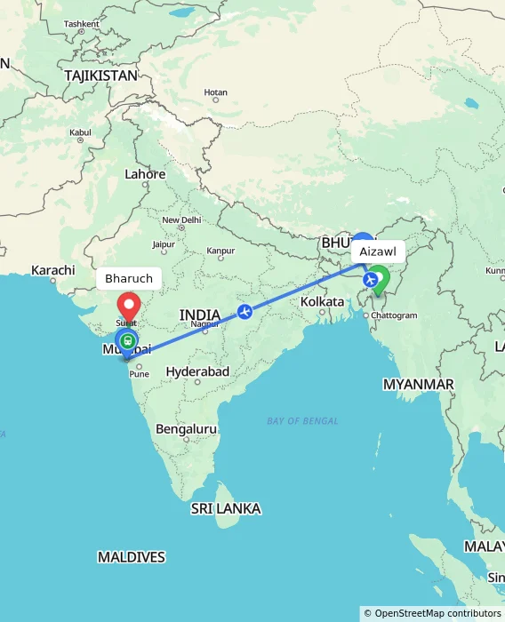Route map showing distance and travel time from Aizawl, India to Bharuch, India