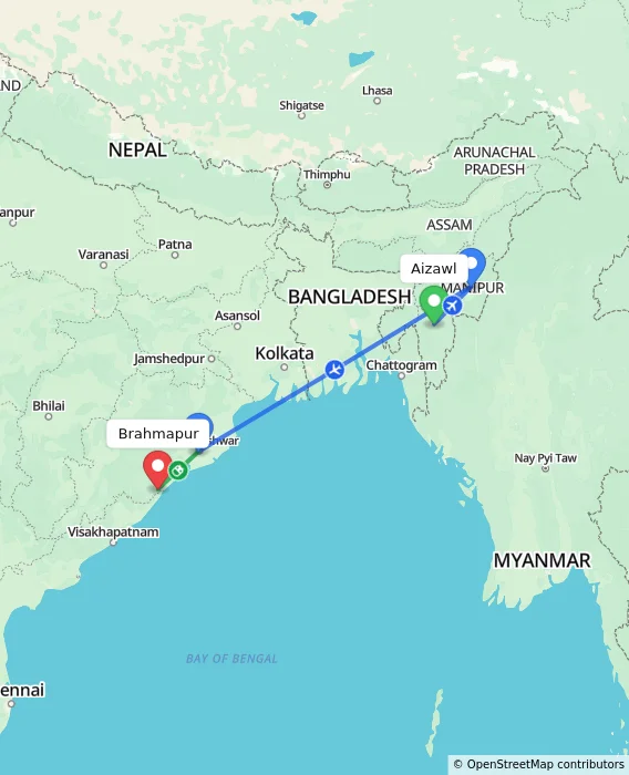 Route map showing distance and travel time from Aizawl, India to Brahmapur, India