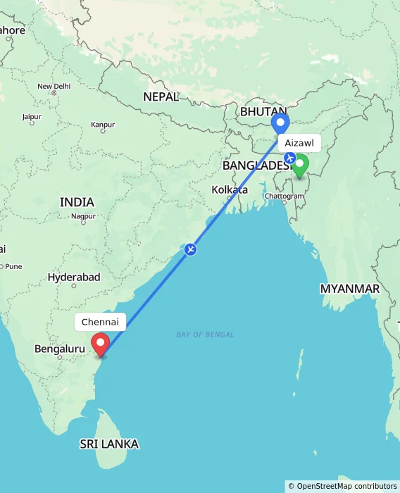 Route map showing distance and travel time from Aizawl, India to Chennai, India