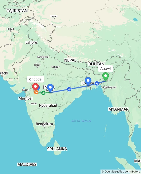 Route map showing distance and travel time from Aizawl, India to Chopda, India