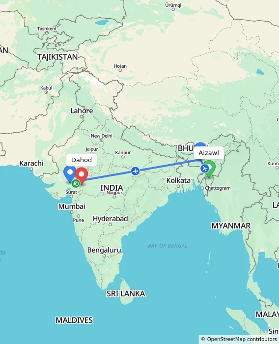 Route map showing distance and travel time from Aizawl, India to Dahod, India