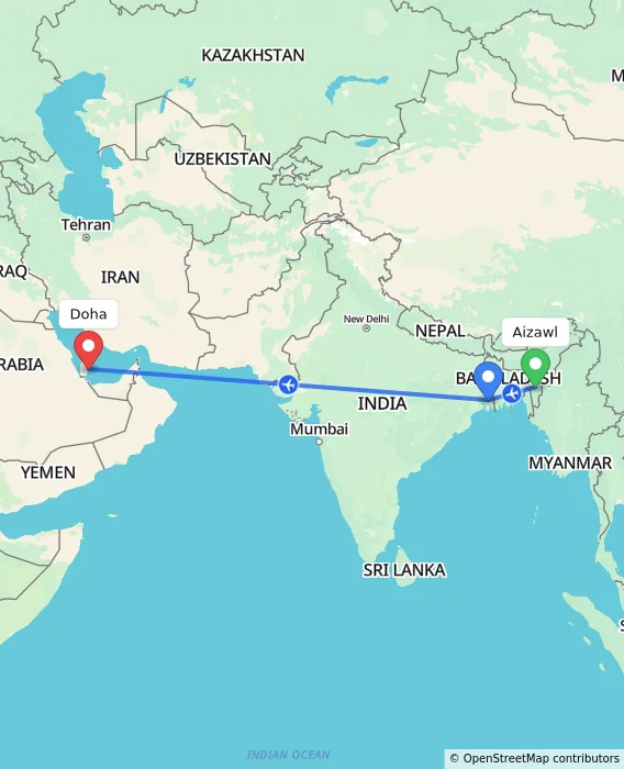 Route map showing distance and travel time from Aizawl, India to Doha, Qatar