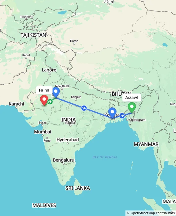 Route map showing distance and travel time from Aizawl, India to Falna, India