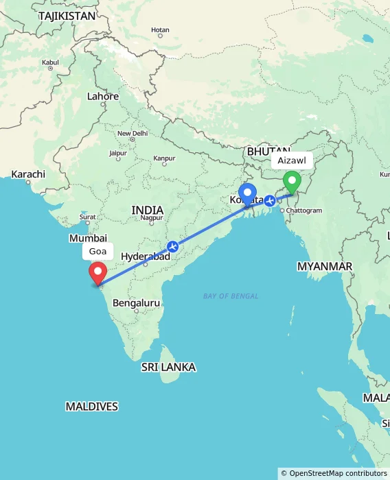 Route map showing distance and travel time from Aizawl, India to Goa, India