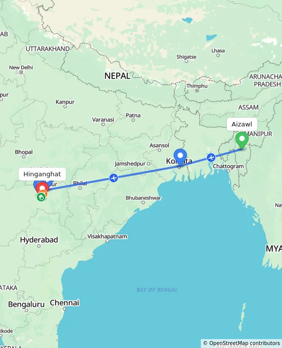 Route map showing distance and travel time from Aizawl, India to Hinganghat, India