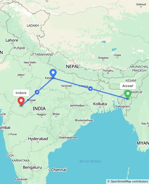 Route map showing distance and travel time from Aizawl, India to Indore, India