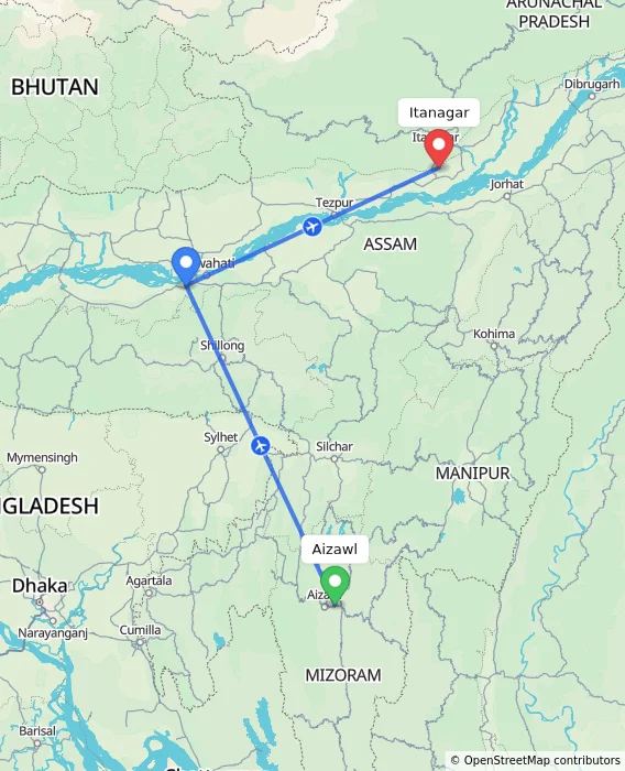 Route map showing distance and travel time from Aizawl, India to Itanagar, India