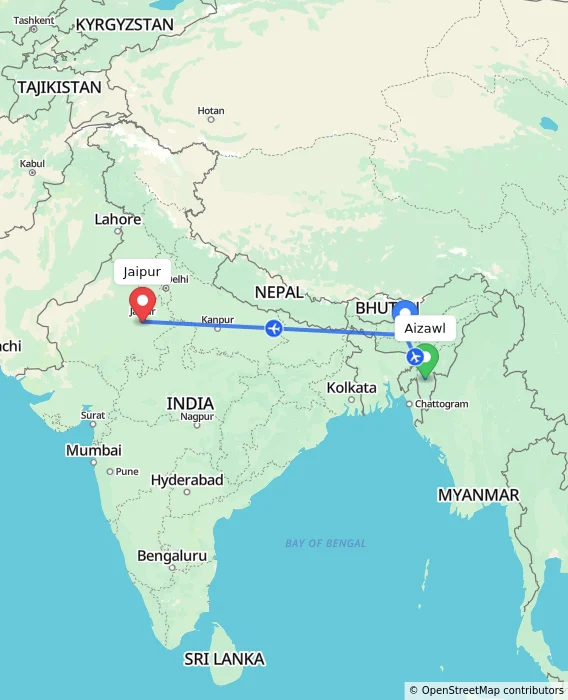 Route map showing distance and travel time from Aizawl, India to Jaipur, India