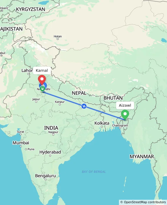 Route map showing distance and travel time from Aizawl, India to Karnal, India