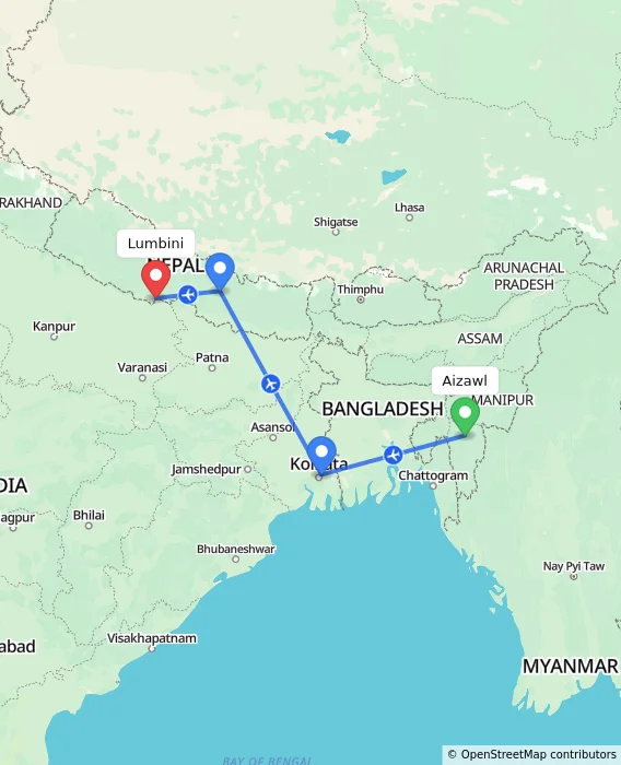 Route map showing distance and travel time from Aizawl, India to Lumbini, Nepal