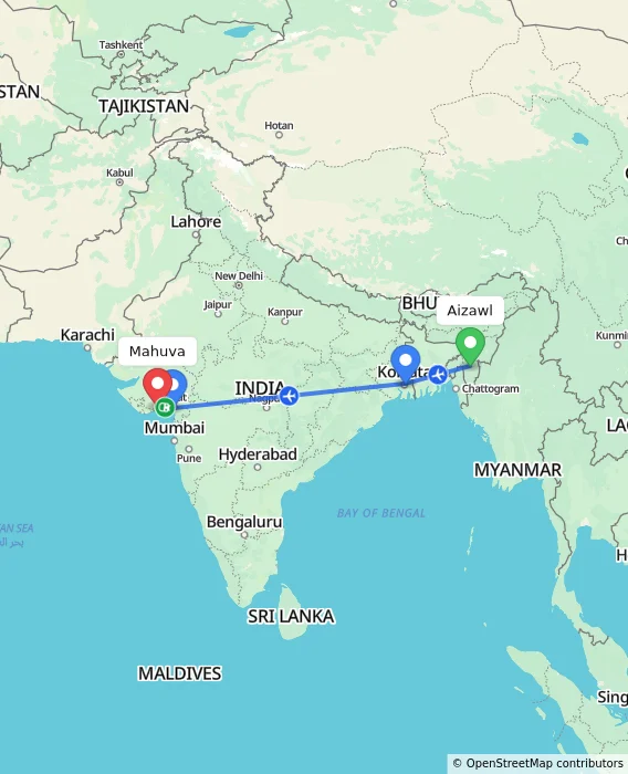 Route map showing distance and travel time from Aizawl, India to Mahuva, India