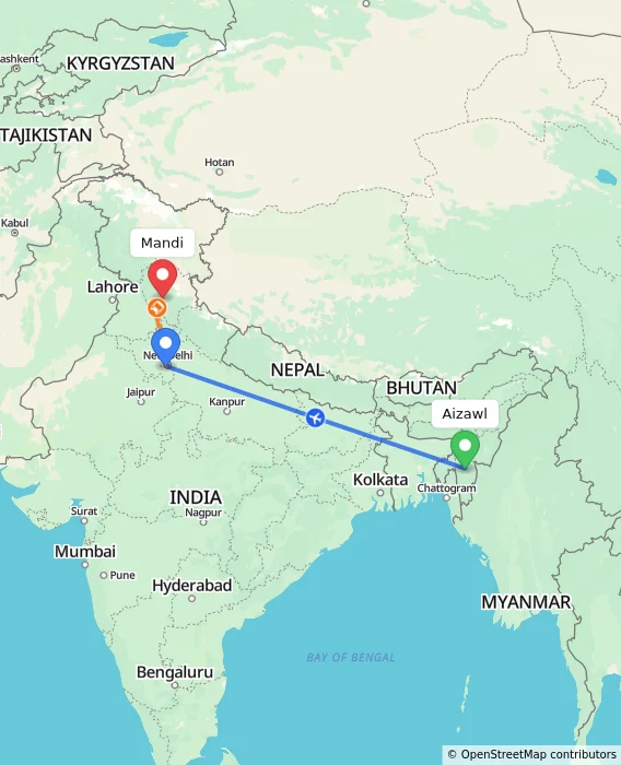 Route map showing distance and travel time from Aizawl, India to Mandi, India