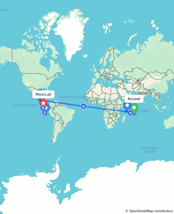 Route map showing distance and travel time from Aizawl, India to Mexicali, Mexico