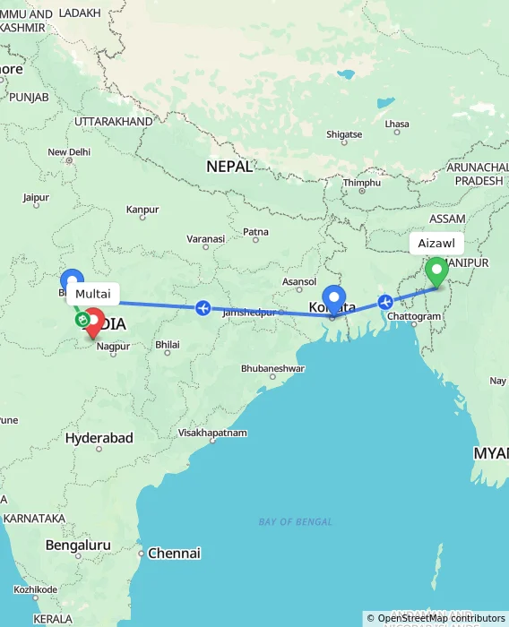 Route map showing distance and travel time from Aizawl, India to Multai, India