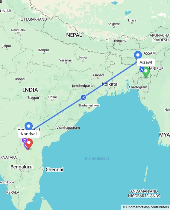 Route map showing distance and travel time from Aizawl, India to Nandyal, India