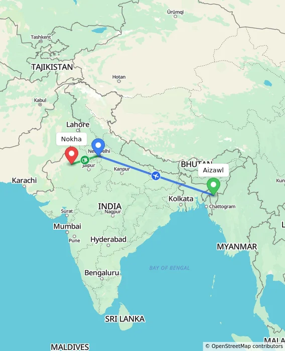 Route map showing distance and travel time from Aizawl, India to Nokha, India
