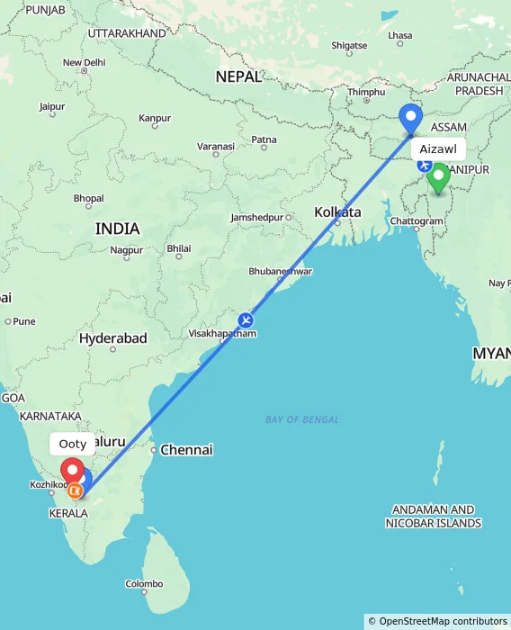 Route map showing distance and travel time from Aizawl, India to Ooty, India