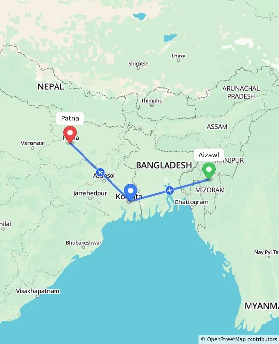 Route map showing distance and travel time from Aizawl, India to Patna, India