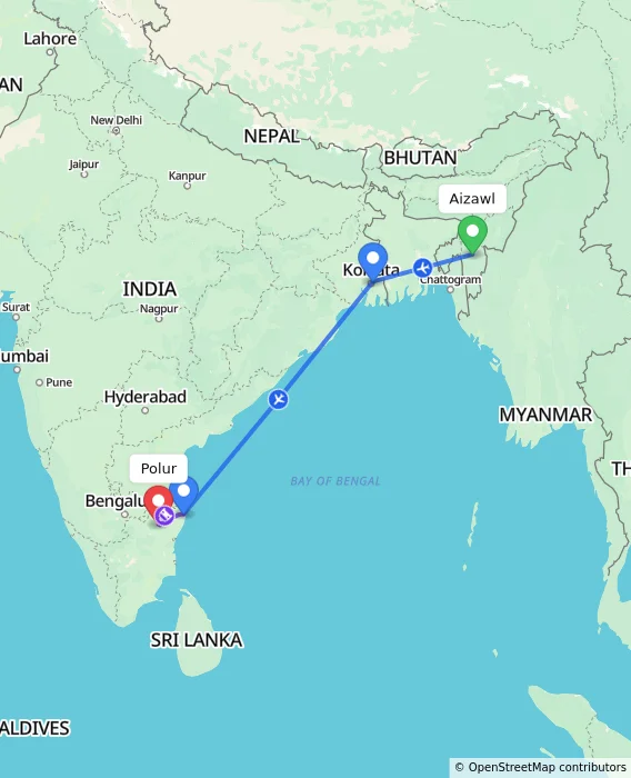 Route map showing distance and travel time from Aizawl, India to Polur, India