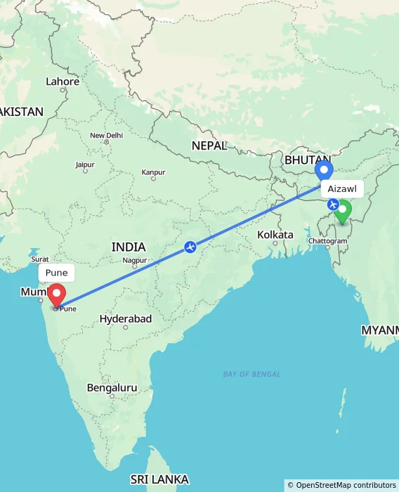 Route map showing distance and travel time from Aizawl, India to Pune, India