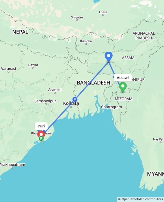 Route map showing distance and travel time from Aizawl, India to Puri, India