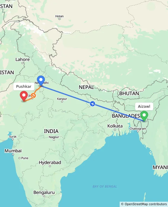 Route map showing distance and travel time from Aizawl, India to Pushkar, India