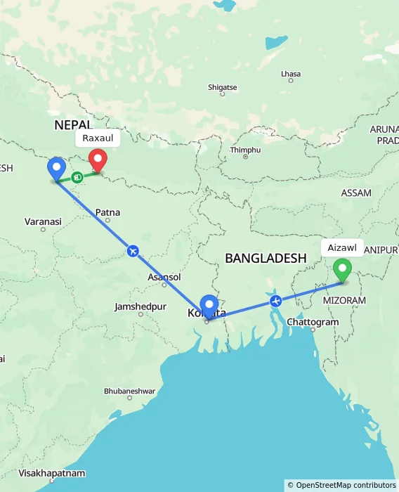 Route map showing distance and travel time from Aizawl, India to Raxaul, India