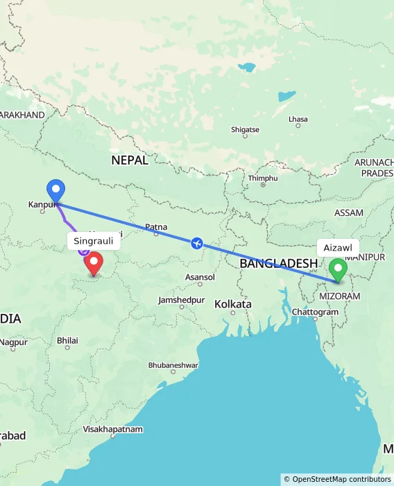 Route map showing distance and travel time from Aizawl, India to Singrauli, India