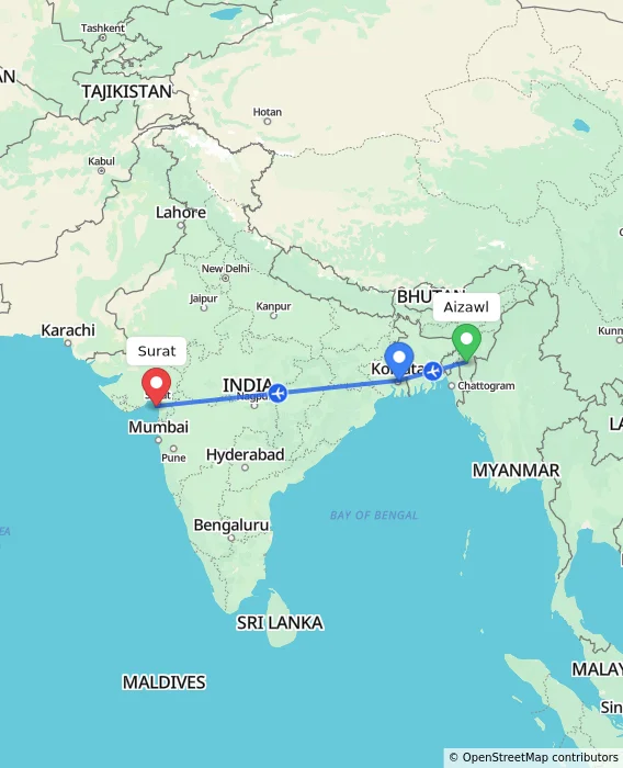 Route map showing distance and travel time from Aizawl, India to Surat, India