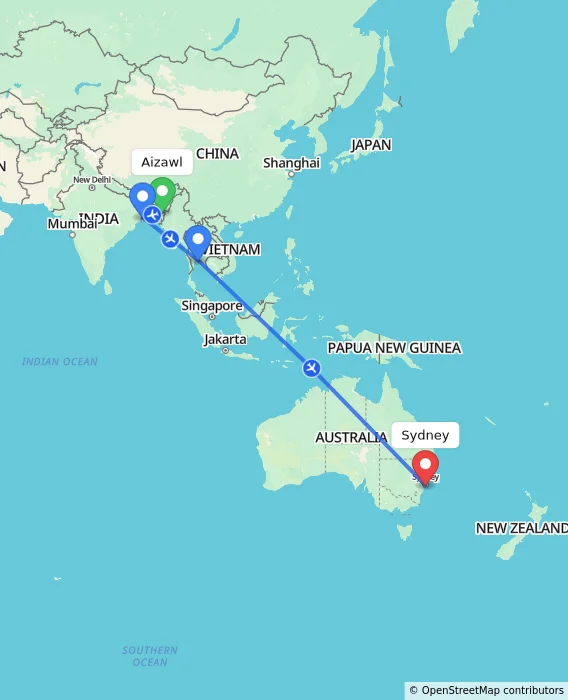 Route map showing distance and travel time from Aizawl, India to Sydney, Australia