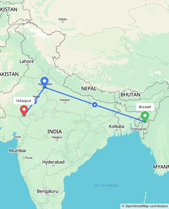 Route map showing distance and travel time from Aizawl, India to Udaipur, India