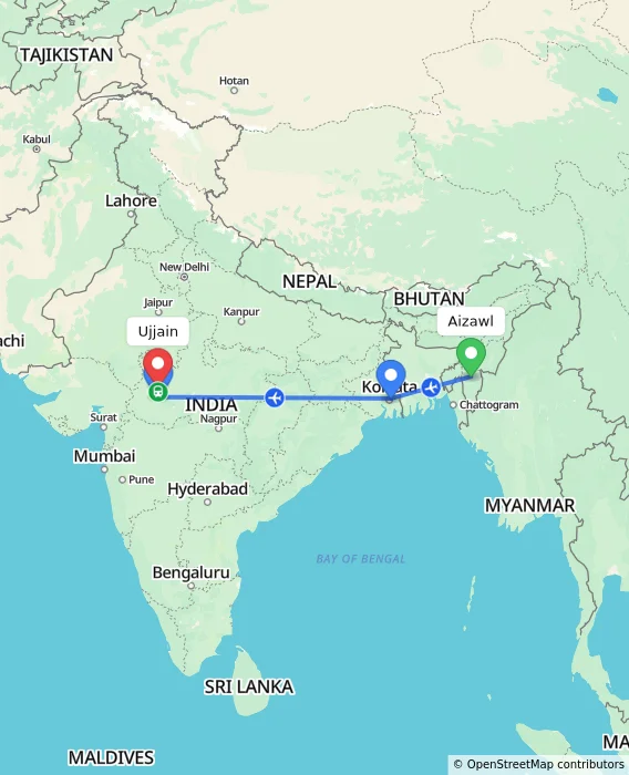 Route map showing distance and travel time from Aizawl, India to Ujjain, India