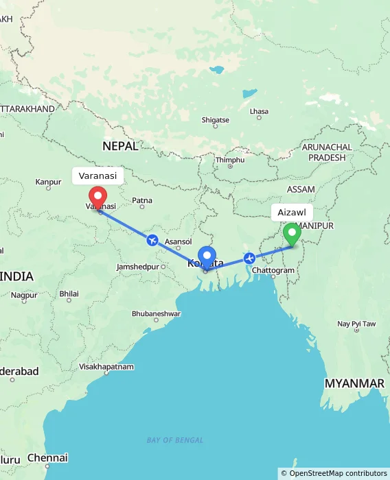 Route map showing distance and travel time from Aizawl, India to Varanasi, India