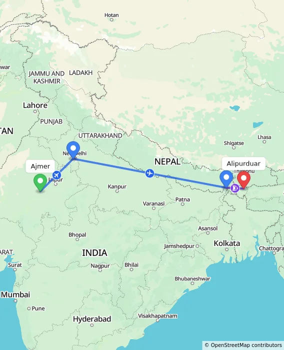 Route map showing distance and travel time from Ajmer, India to Alipurduar, India