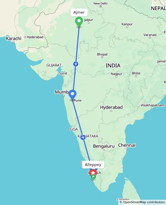 Route map showing distance and travel time from Ajmer, India to Alleppey, India