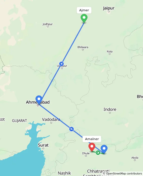 Route map showing distance and travel time from Ajmer, India to Amalner, India