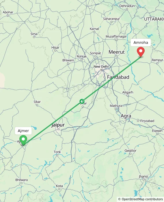 Route map showing distance and travel time from Ajmer, India to Amroha, India
