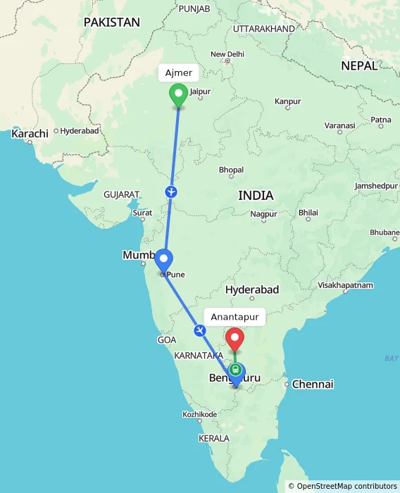 Route map showing distance and travel time from Ajmer, India to Anantapur, India