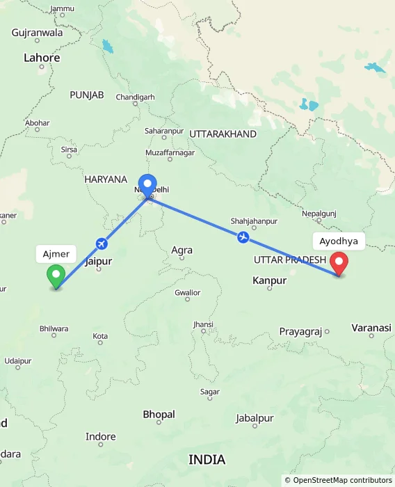 Route map showing distance and travel time from Ajmer, India to Ayodhya, India