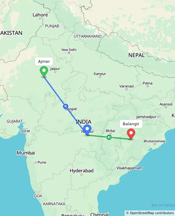 Route map showing distance and travel time from Ajmer, India to Balangir, India