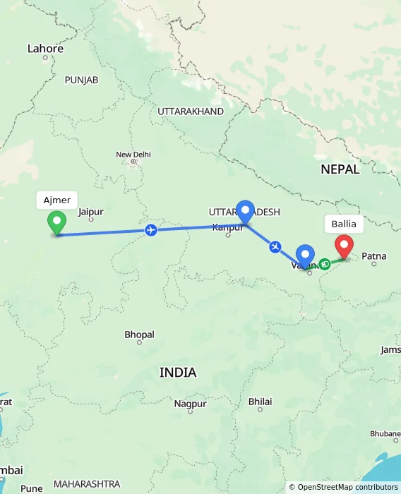 Route map showing distance and travel time from Ajmer, India to Ballia, India