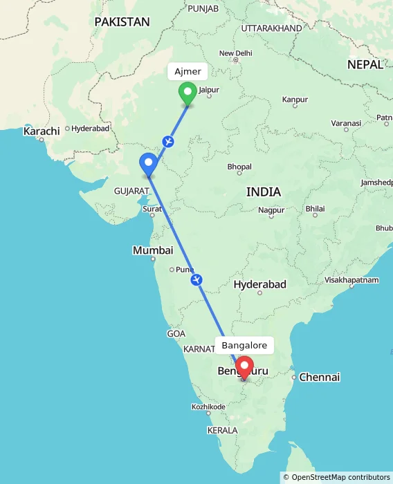 Route map showing distance and travel time from Ajmer, India to Bangalore, India