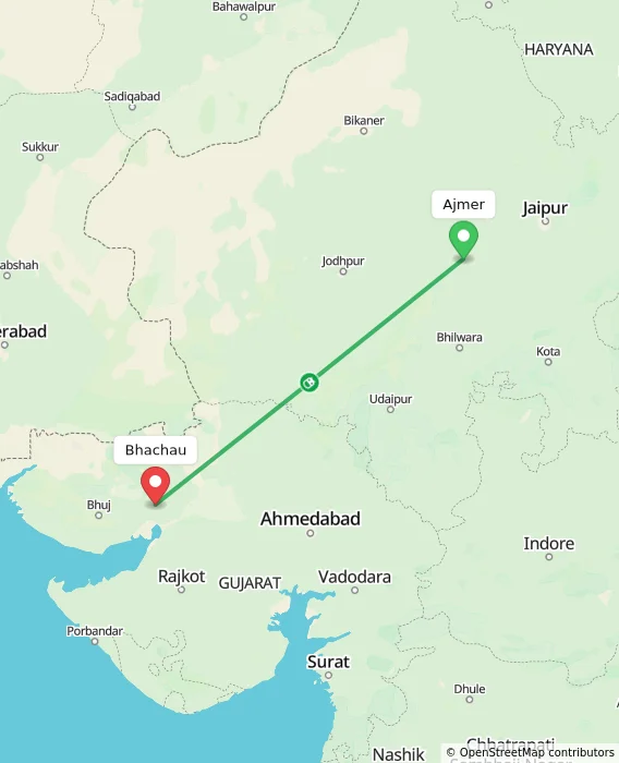 Route map showing distance and travel time from Ajmer, India to Bhachau, India