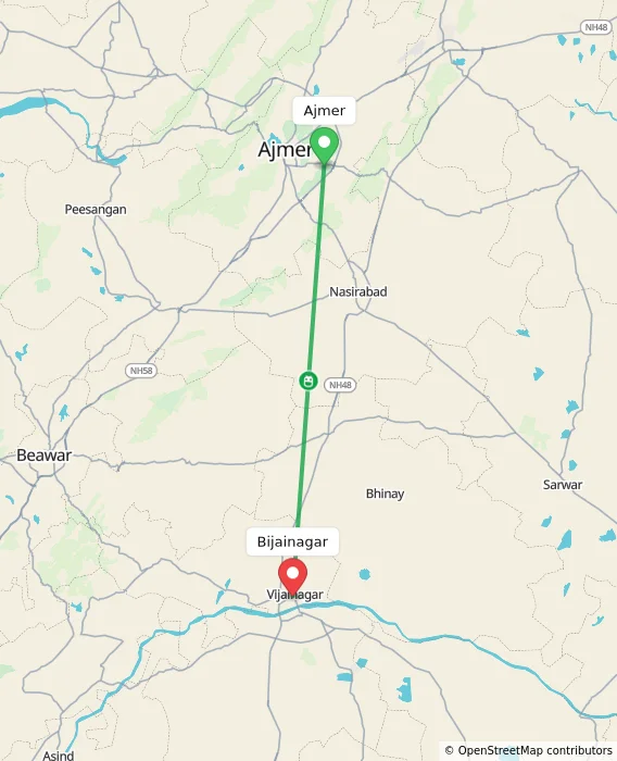 Route map showing distance and travel time from Ajmer, India to Bijainagar, India