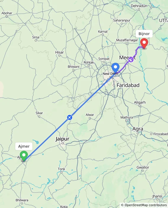 Route map showing distance and travel time from Ajmer, India to Bijnor, India