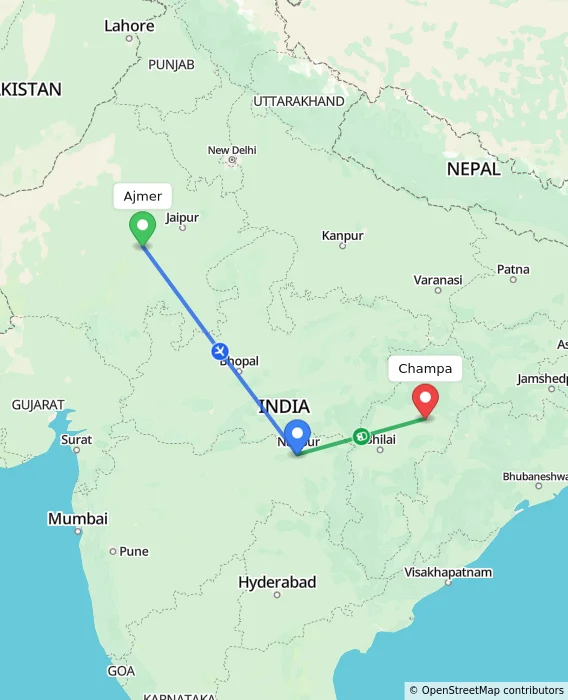 Route map showing distance and travel time from Ajmer, India to Champa, India