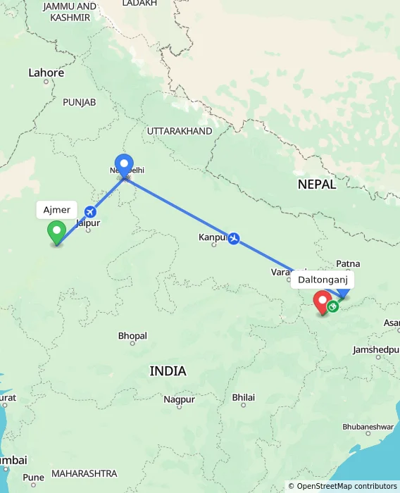 Route map showing distance and travel time from Ajmer, India to Daltonganj, India