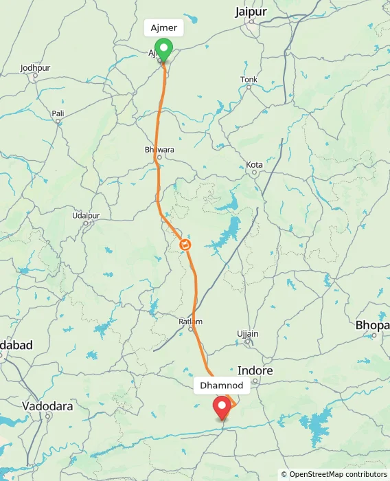 Route map showing distance and travel time from Ajmer, India to Dhamnod, India