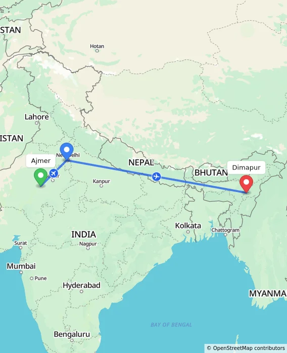 Route map showing distance and travel time from Ajmer, India to Dimapur, India