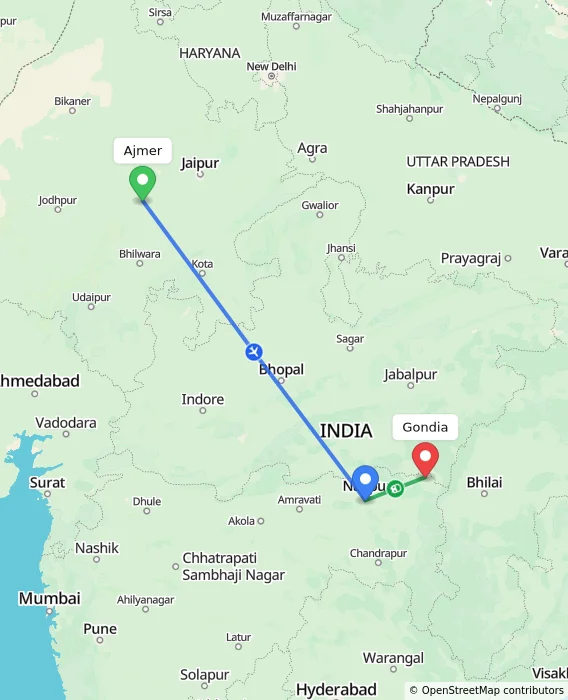 Route map showing distance and travel time from Ajmer, India to Gondia, India
